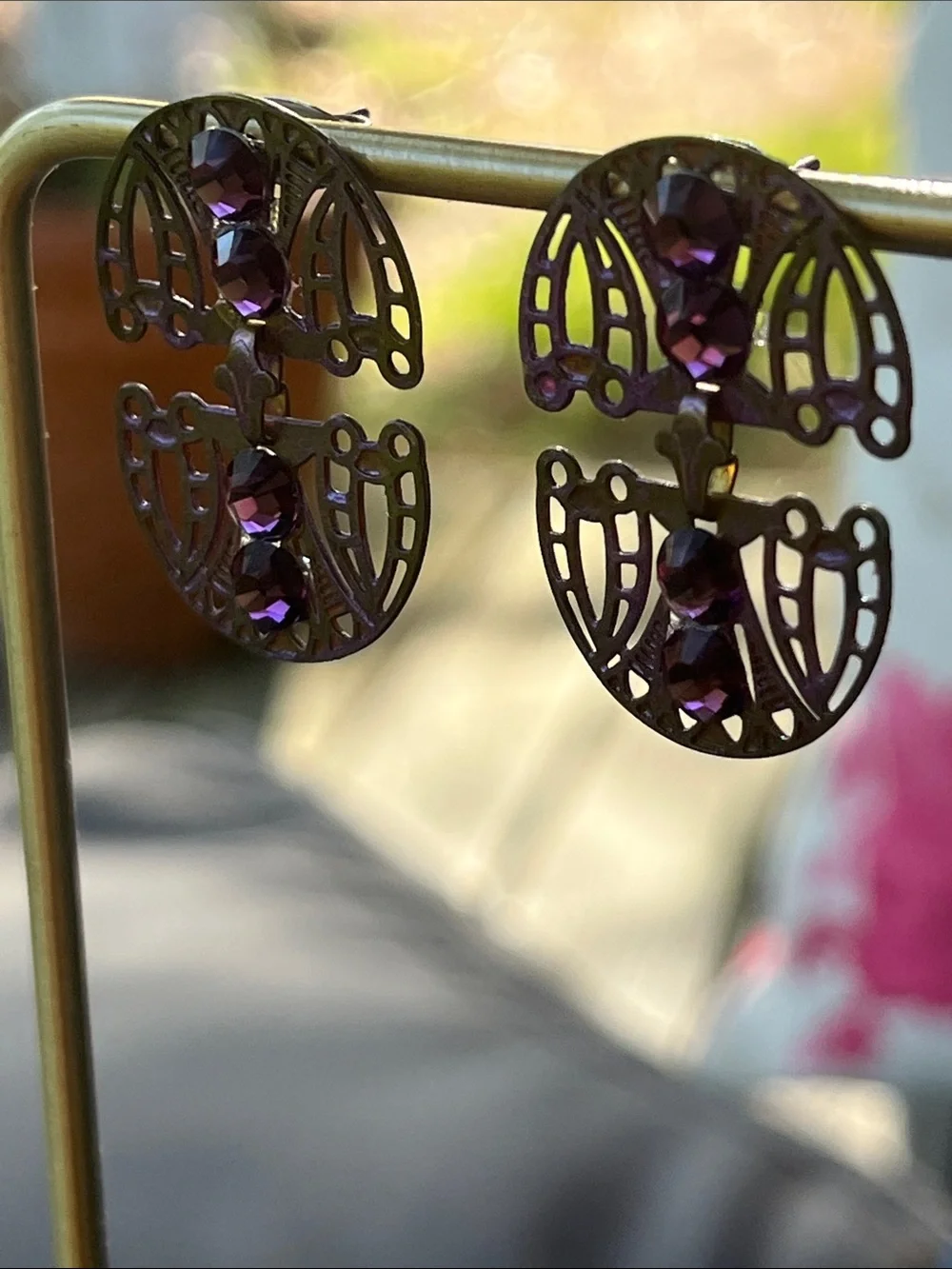 Purple/Pink Iridescent Art Deco Filigree Stud Earrings with Purple Stones